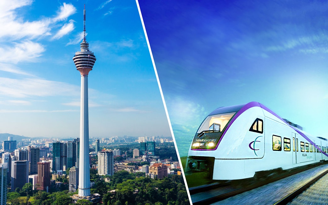 KL Tower in Kuala Lumpur skyline and KLIA Ekspress train on track.