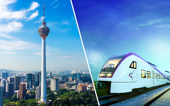 KL Tower in Kuala Lumpur skyline and KLIA Ekspress train on track.