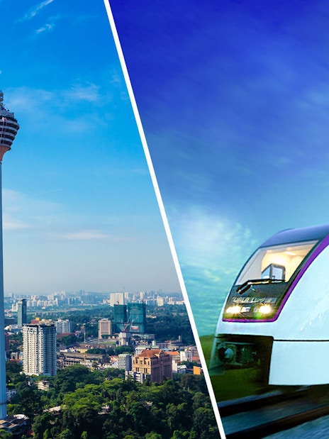 KL Tower in Kuala Lumpur skyline and KLIA Ekspress train on track.