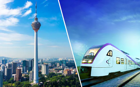 KL Tower in Kuala Lumpur skyline and KLIA Ekspress train on track.