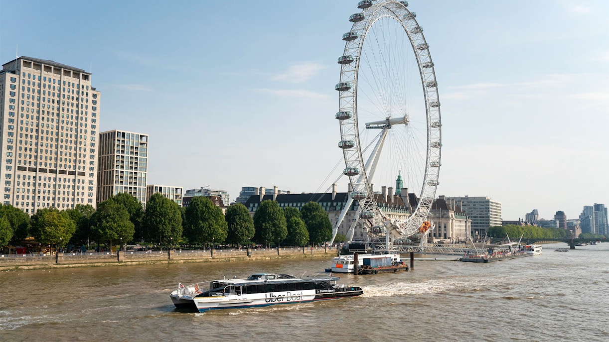 London Eye and river cruise boat on the Thames River.