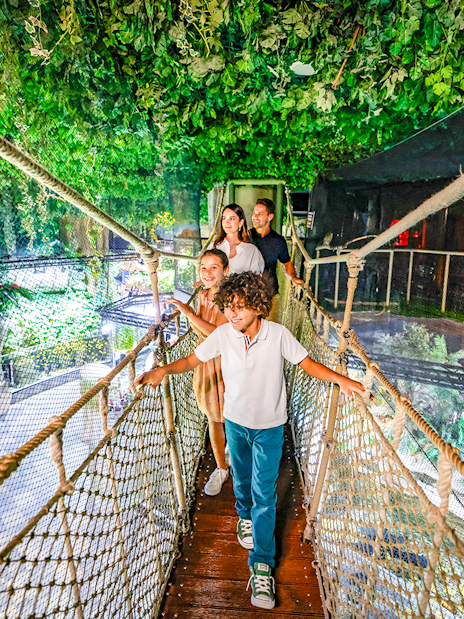 Family walking on a rope bridge in Dubai Aquarium.
