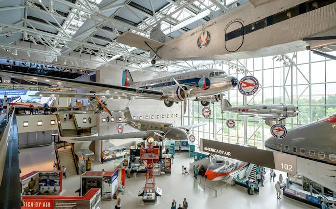Smithsonian National Air and Space Museum interior with historic aircraft displays, Washington DC.