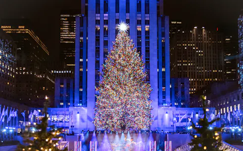 Rockefeller Center Christmas tree lit up at night, New York City.