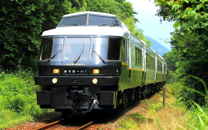 Train traveling through lush greenery in Kyushu, Japan, part of the JR PASS rail network.