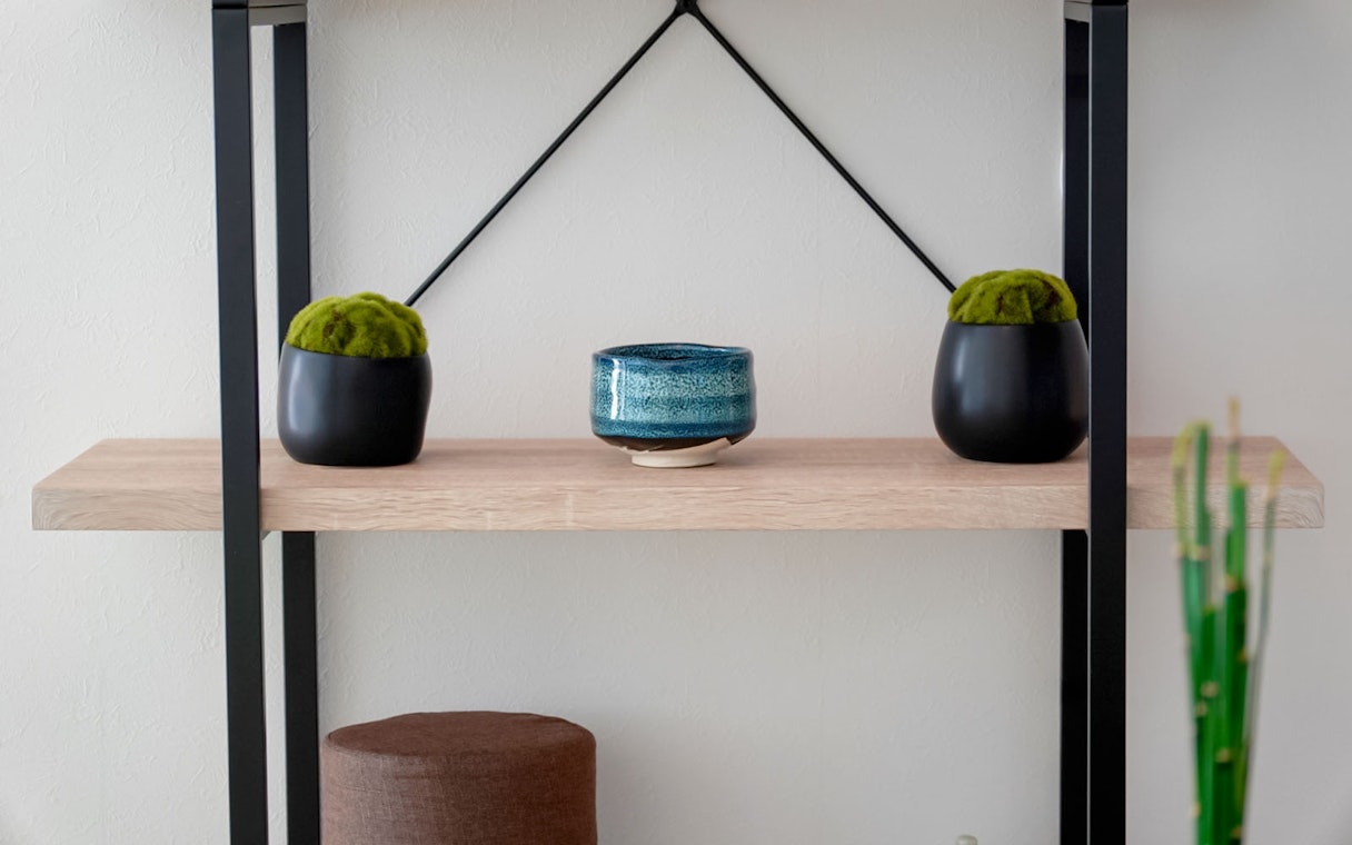 Shelf with matcha bowl and plants at Tokyo Matcha & Kimono Experience.