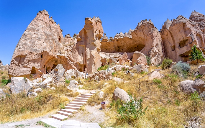 Zelve Open Air Museum rock formations in Cappadocia, Turkey.