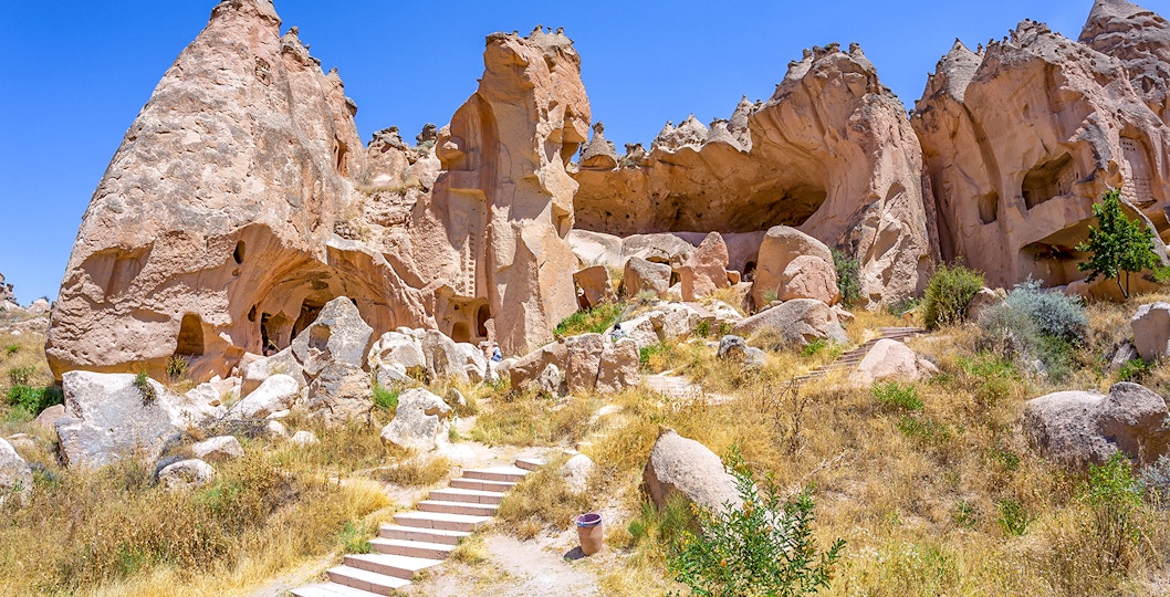 Zelve Open Air Museum rock formations in Cappadocia, Turkey.