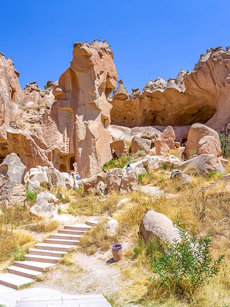Zelve Open Air Museum rock formations in Cappadocia, Turkey.