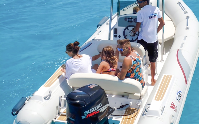 Private speedboat with people approaching Tiran Island, Sharm El Sheikh.