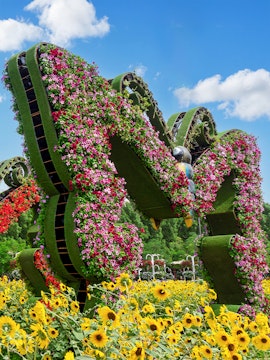 Dubai Butterfly Garden floral sculpture with vibrant flowers and sunflowers in foreground.