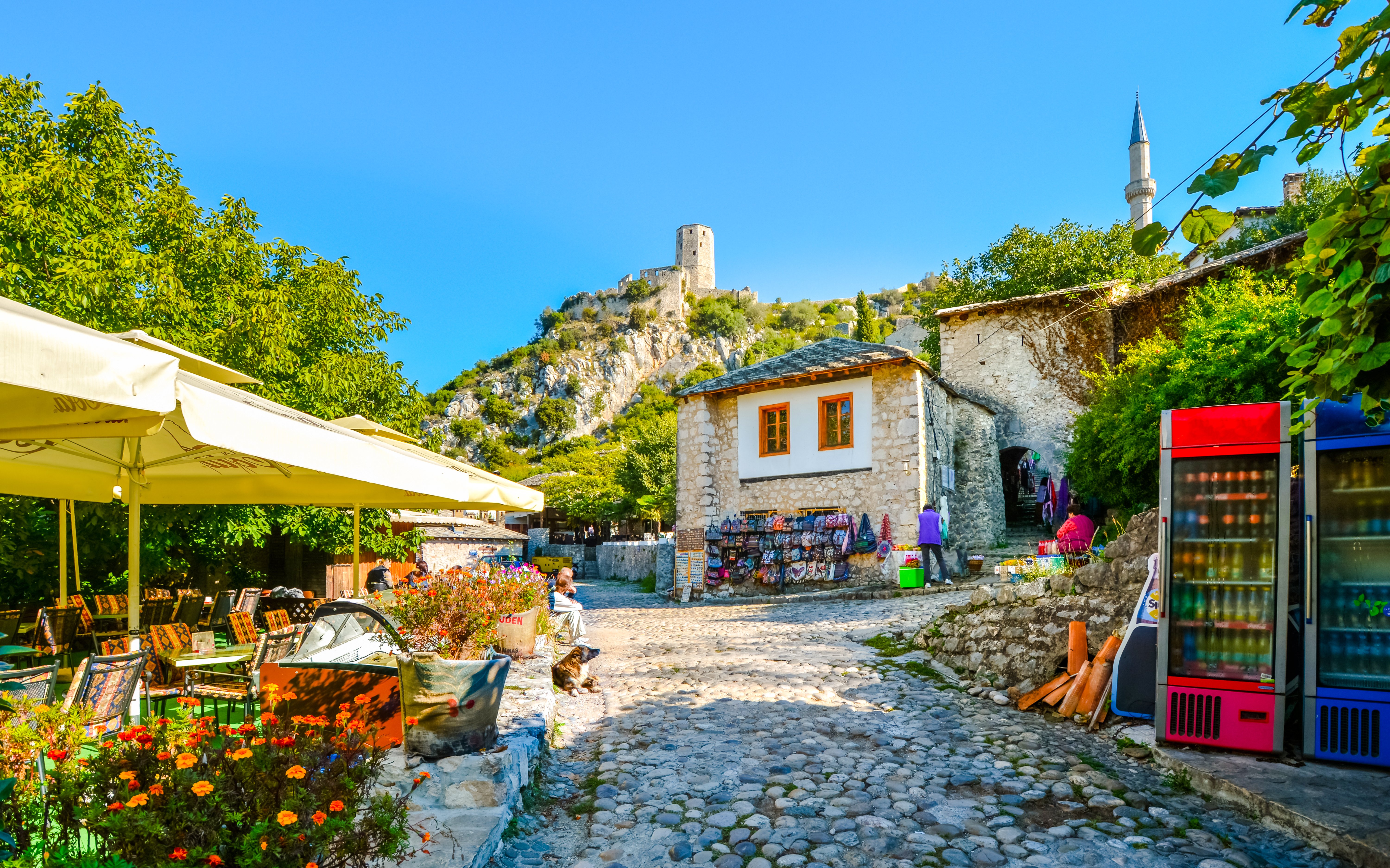 Medieval Pocitelj Capljina street scene with Kula tower, Bosnia and Herzegovina.