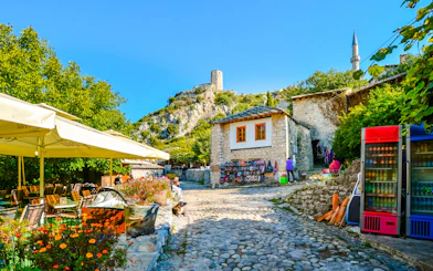 Medieval Pocitelj Capljina street scene with Kula tower, Bosnia and Herzegovina.