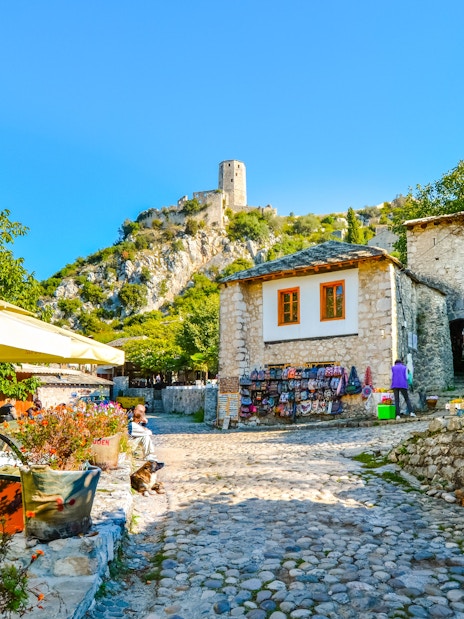 Medieval Pocitelj Capljina street scene with Kula tower, Bosnia and Herzegovina.