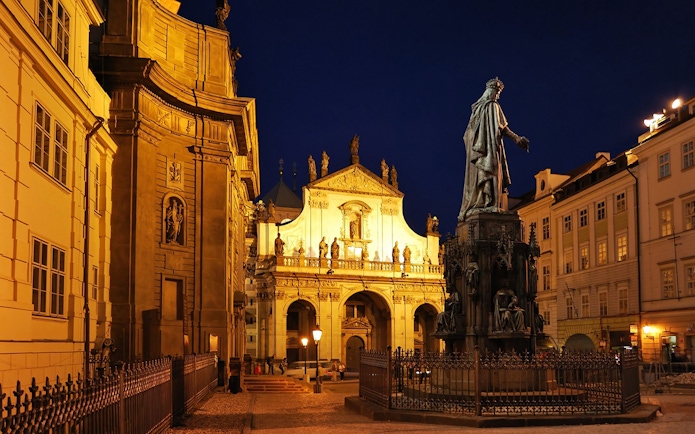Statue of Charles IV at night in front of Klementinum, Prague.
