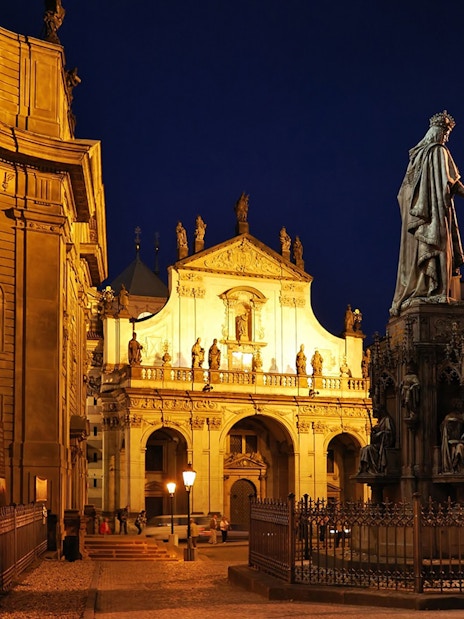 Statue of Charles IV at night in front of Klementinum, Prague.