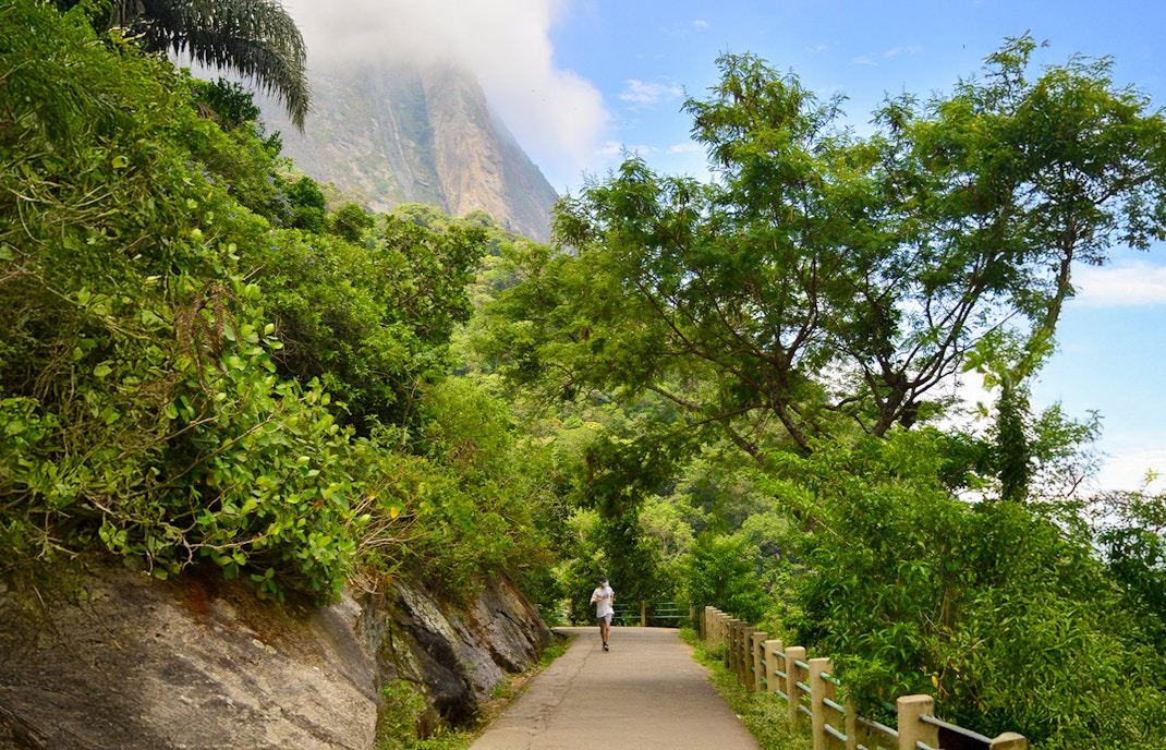 Hiker on Morro Da Urca Trail surrounded by lush greenery, Rio de Janeiro.