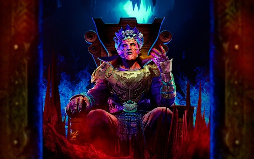 Character in elaborate costume on throne at Universal Studios Singapore R.I.P event.