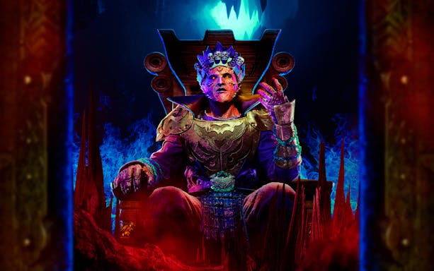 Character in elaborate costume on throne at Universal Studios Singapore R.I.P event.