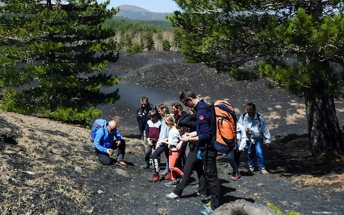 Group hiking on Mount Etna's volcanic terrain surrounded by pine trees.