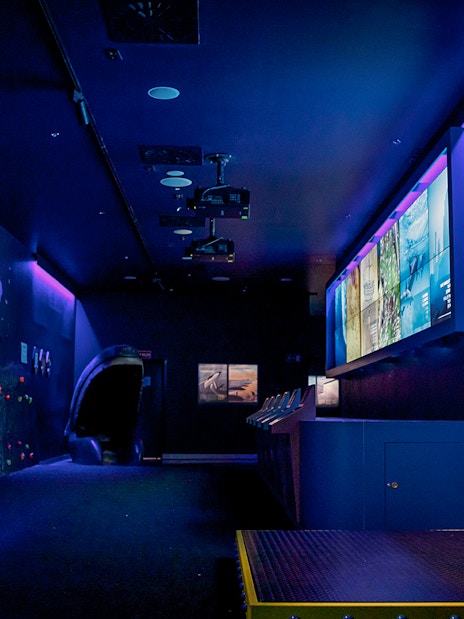 Interactive displays and climbing wall in Atlantis Aquarium activity room.