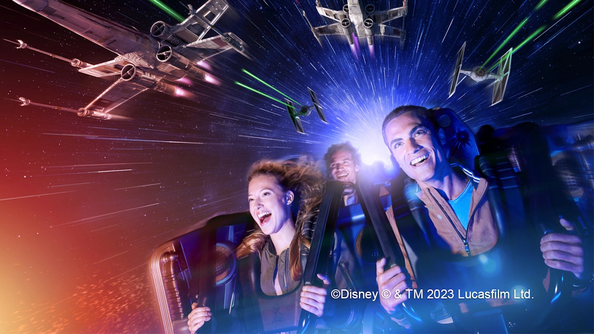 Star Wars Hyperspace Mountain roller coaster at Disneyland Paris with space-themed decor.