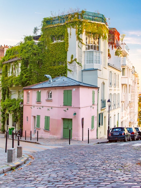 Cobblestone street in Montmartre, Paris, with ivy-covered buildings and a view of the city.