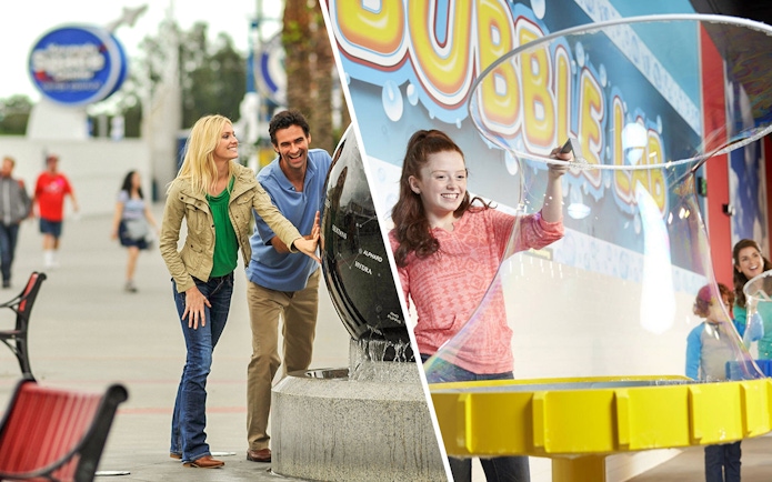 Visitors enjoying interactive exhibits at a science center and bubble lab.