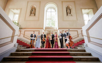 Musicians with instruments on red-carpeted stairs at Palais Auersperg, Vienna.
