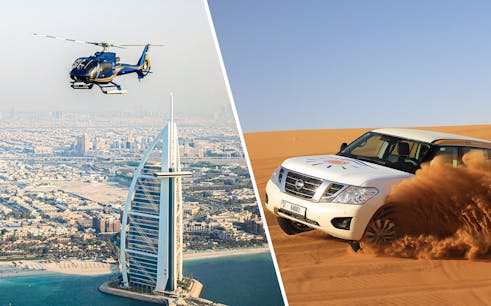 Combo: 15-Min Helicopter Tour of Dubai & Red Dunes Desert Safari with Bedouin Camp Experience