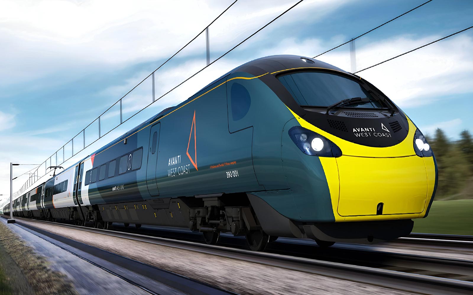 High-speed train traveling through countryside on Lake District day tour from London.