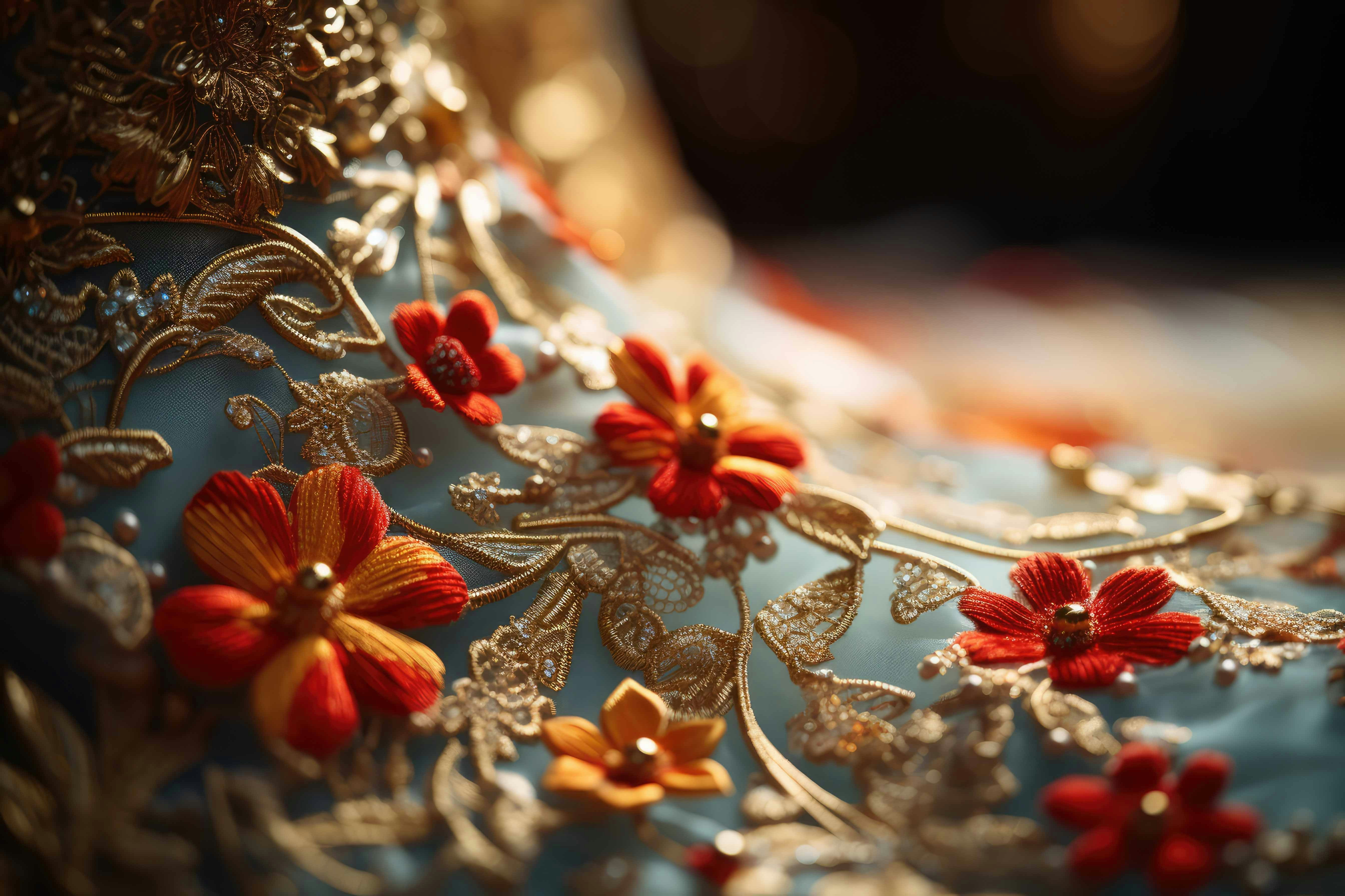 Colorful floral embroidery with gold thread on fabric.