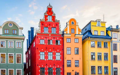 Colorful historic buildings in Gamla Stan, Stockholm near the Royal Palace.