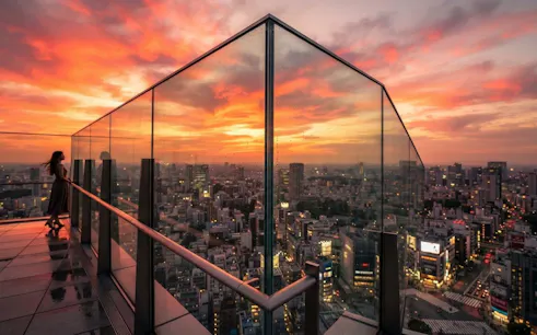 Tokyo skyline at sunset from Shibuya Sky observation deck, overlooking Shibuya Scramble Crossing.