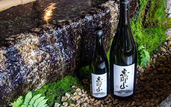 Sake bottles at Hazama Brewery, Nakatsugawa, surrounded by moss and stones.