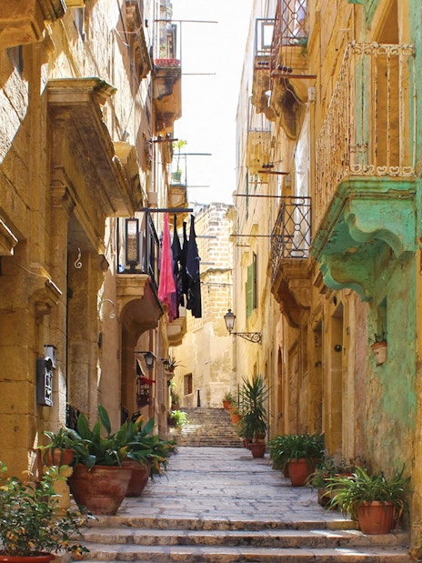 Narrow street in one of the Three Fortified Cities, lined with historic stone buildings and potted plants.