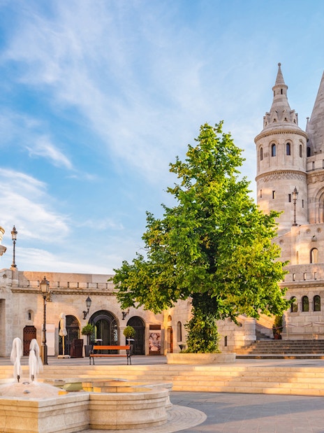 Fisherman's Bastion towers and courtyard in Budapest, Hungary.