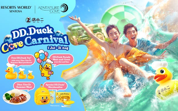 Visitors enjoying water slides and wave pool at Adventure Cove Waterpark, Singapore.