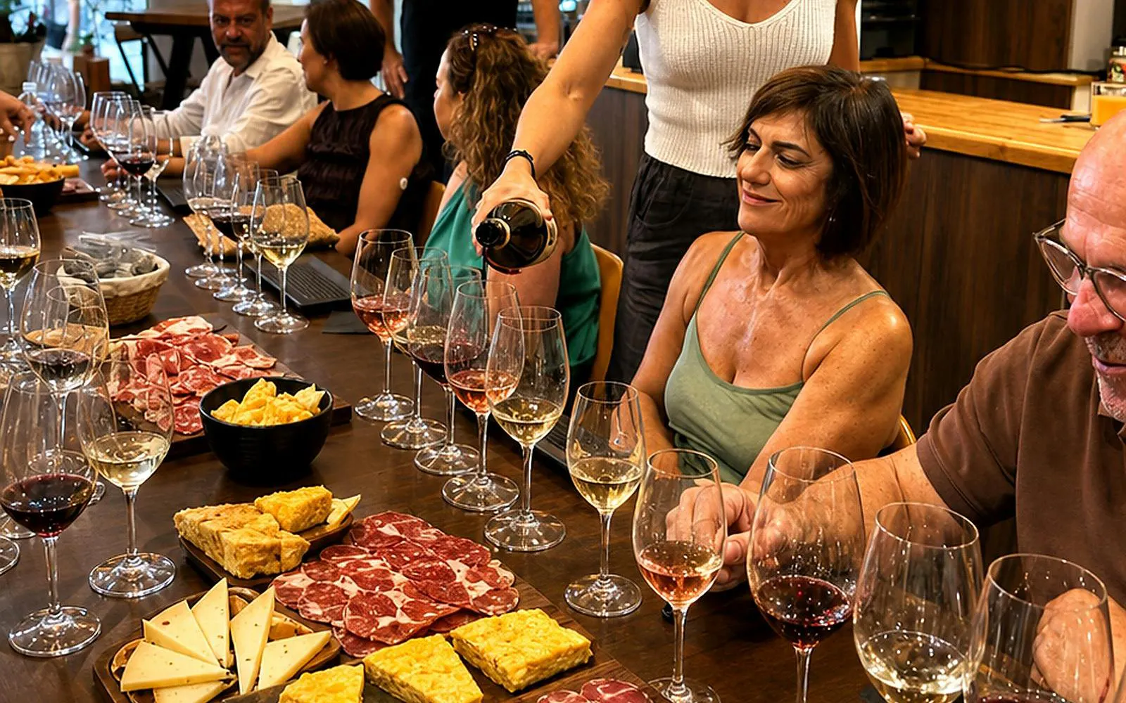 Wine tasting event in Málaga with people enjoying local wines and assorted tapas.
