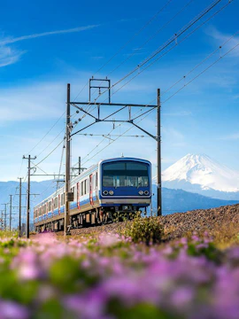 Train traveling with Mt. Fuji in the background, Japan.