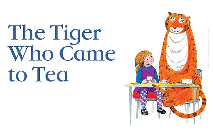 Girl having tea with a tiger at a table, inspired by "The Tiger Who Came to Tea.