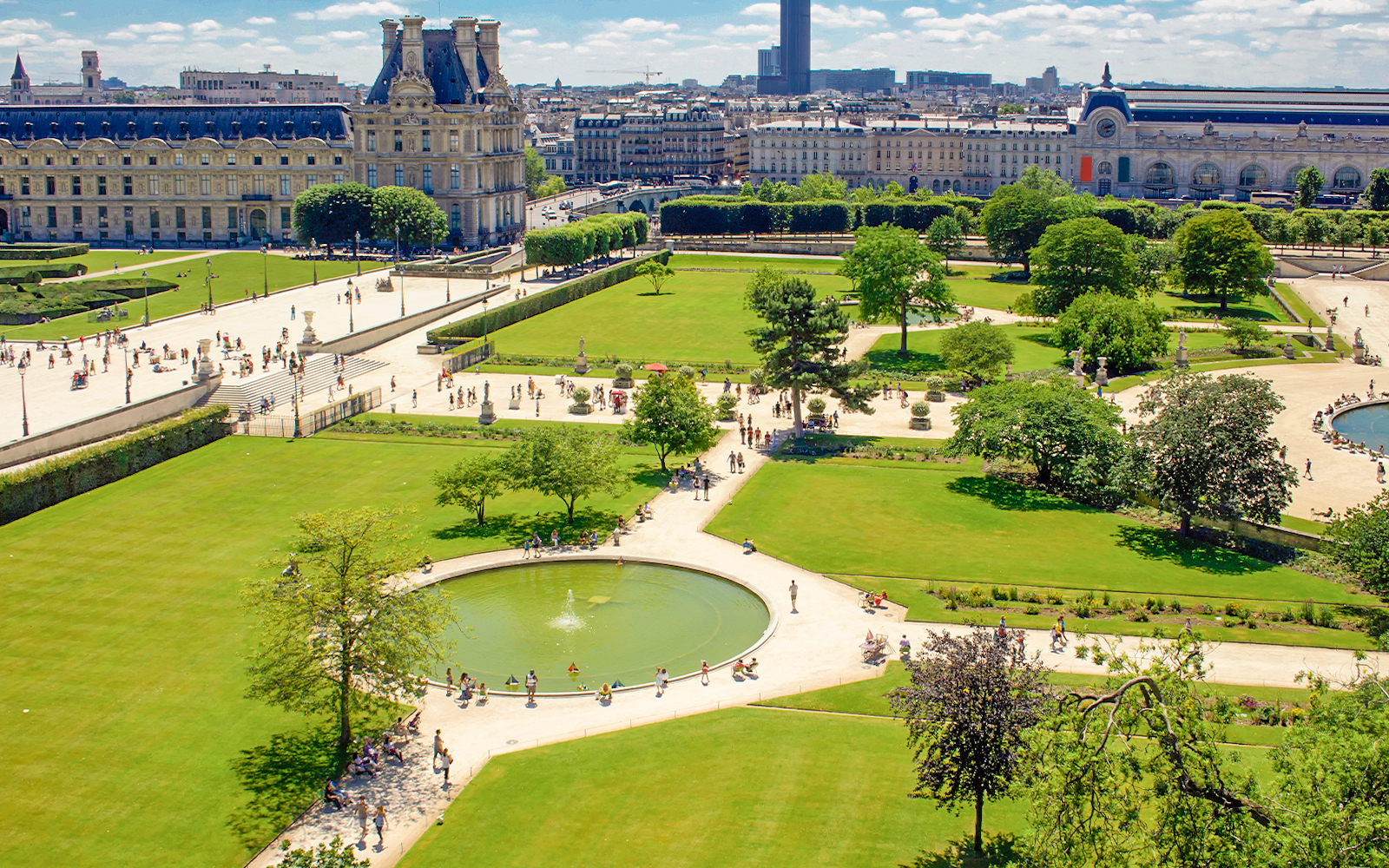 Aerial view of Tuileries Garden with Paris cityscape in the background