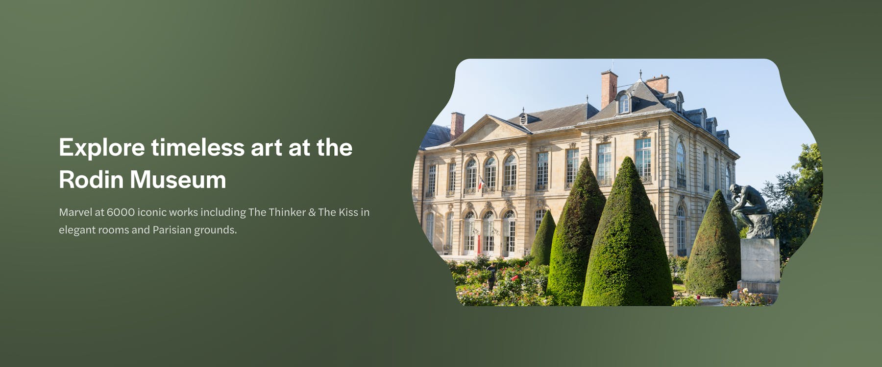 Rodin Museum garden with sculpture and historic building in Paris.