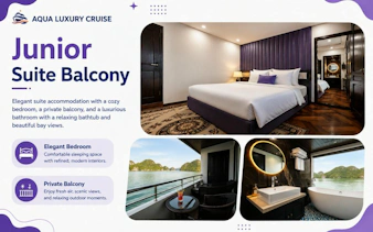 Junior suite with bedroom, private balcony, and bathroom on Ha Long & Lan Ha Bay luxury cruise.