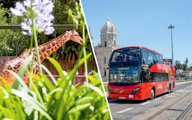 Red double-decker bus near Jerónimos Monastery, Lisbon.