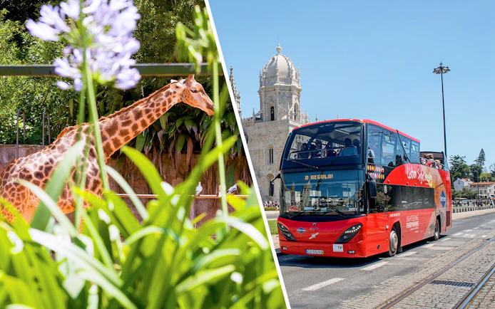 Red double-decker bus near Jerónimos Monastery, Lisbon.