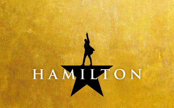 Hamilton musical logo with silhouette on a gold background.