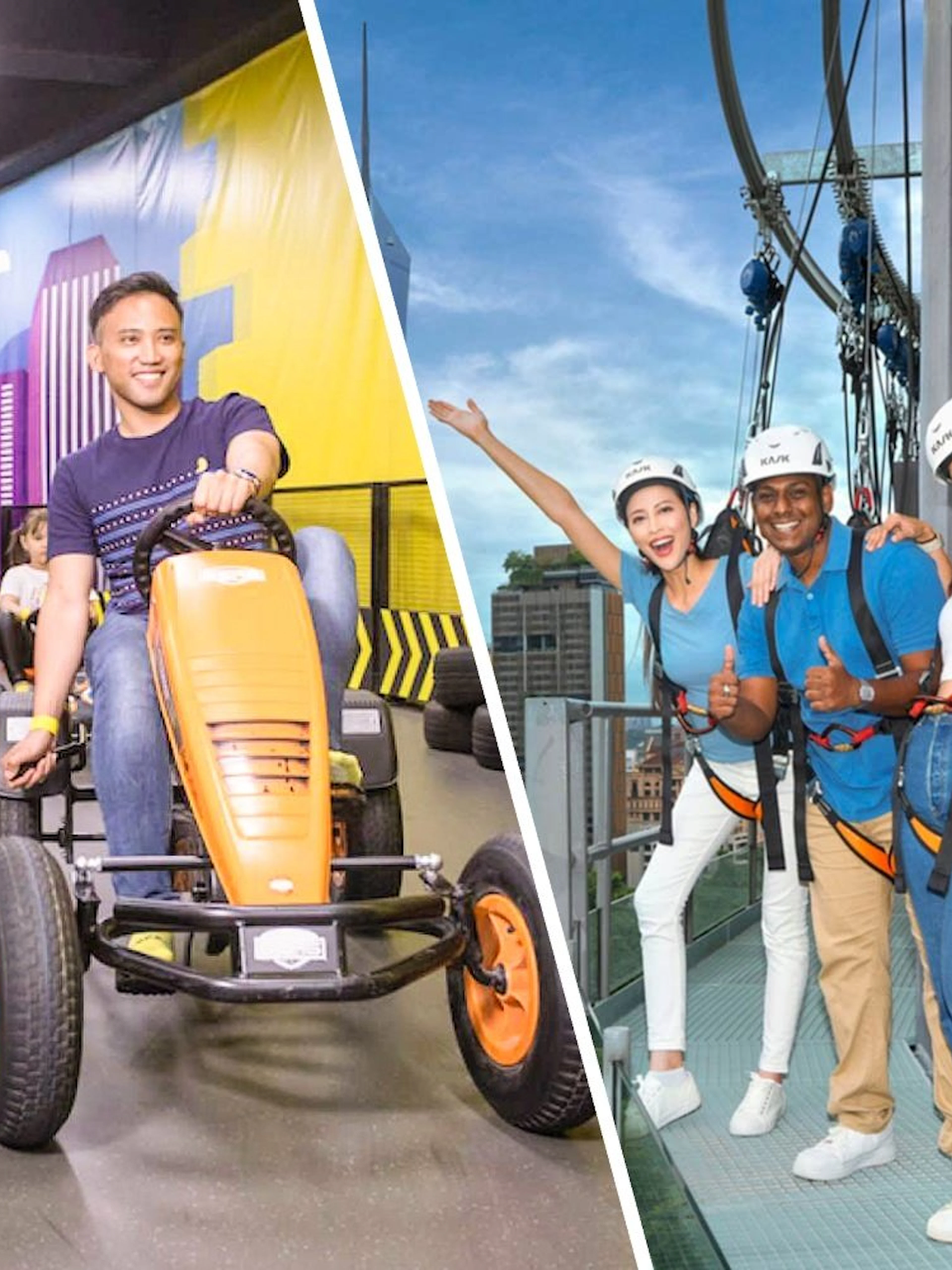 Go-karting and skywalk adventure at SuperPark Malaysia with KL Tower view.
