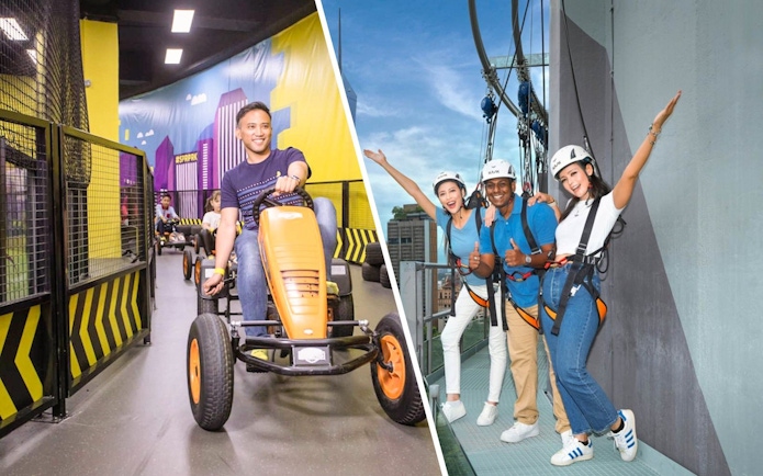 Go-karting and skywalk adventure at SuperPark Malaysia with KL Tower view.