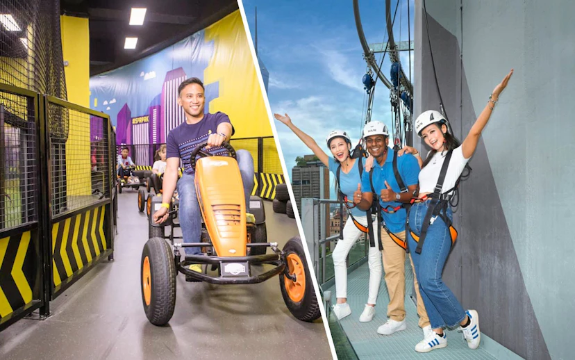 Go-karting and skywalk adventure at SuperPark Malaysia with KL Tower view.